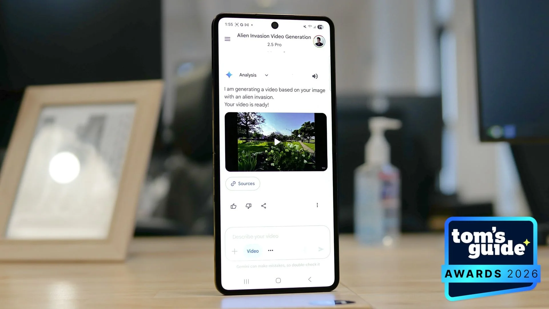 A phone generating an AI video using Veo 3.1 with a TG Awards 2026 badge